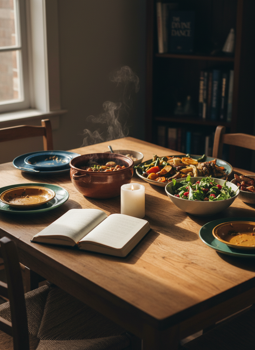 A simple wooden dining table is set with a modest but colorful home‑cooked meal: a steaming pot, shared dishes, and mismatched plates. At the center, a small unlit candle sits beside an open, blank journal, its pages catching the glow of golden hour light from a nearby window. The chairs are pulled back slightly, as if recently used. The background shows a softly blurred bookshelf with a few visible spines of theology texts. Photographic realism, shot from a slightly elevated angle with balanced focus, creates a warm, hospitable atmosphere, hinting at mealtime conversations where faith, gratitude, and everyday life intersect.