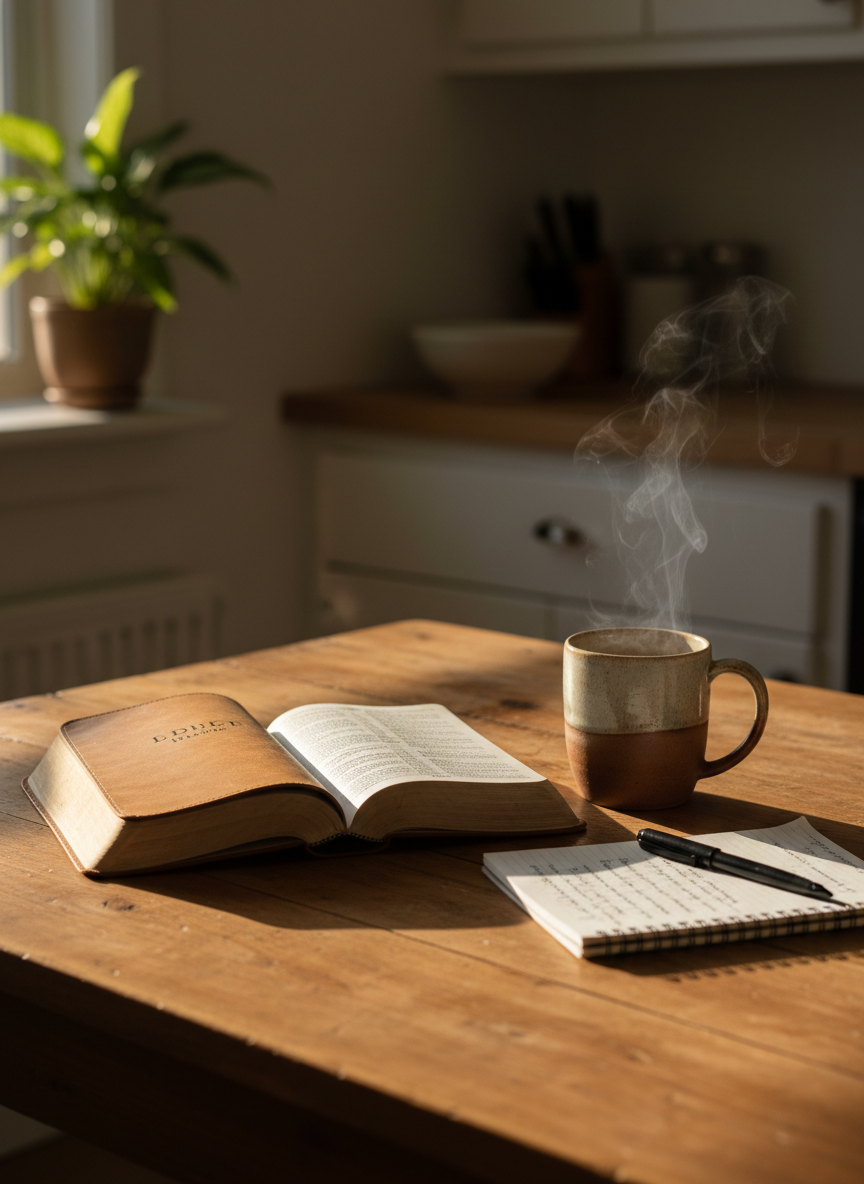 A well‑worn leather Bible with a soft, matte cover lies open on a simple wooden kitchen table, a ceramic mug of tea beside it, faint steam curling upward. A small notebook with neatly written notes and a pen rests nearby, pages slightly curled. Morning sunlight filters through an unseen window, casting warm, angled light and gentle shadows across the grain of the wood. The background is softly blurred, suggesting cabinets and a plant, creating a sense of an ordinary home. Photographic realism, shot at eye level with a shallow depth of field, conveys a calm, reflective mood focused on daily Scripture reading as part of ordinary life.