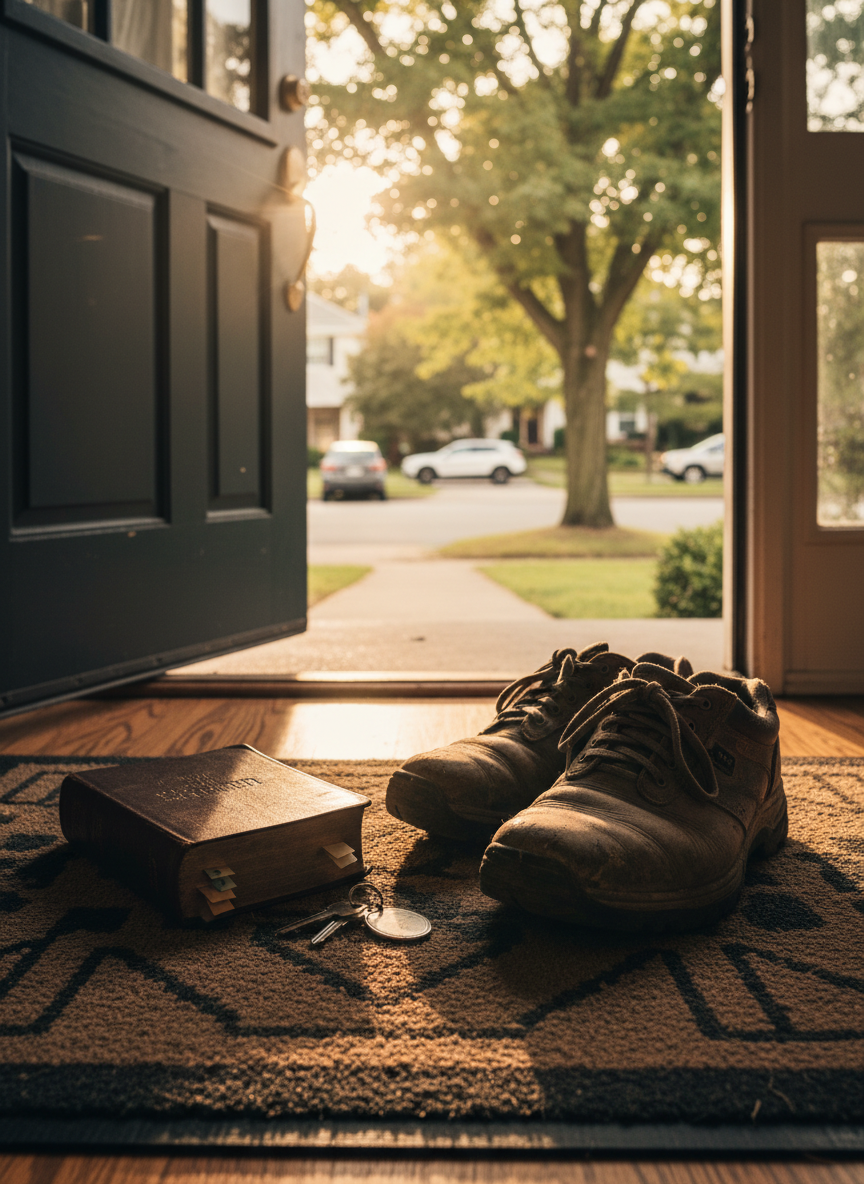 A sturdy, scuffed pair of walking shoes stands by a front door on a textured doormat, next to a closed, well‑used Bible and a small key ring. The door is slightly ajar, revealing a quiet residential street with trees in soft focus beyond. Late afternoon natural light streams through, creating a warm glow along the edges of the shoes and the book, with elongated shadows stretching toward the viewer. Photographic realism from a low, side angle emphasizes the readiness to step out. The mood is purposeful and contemplative, suggesting faith carried into everyday errands and ordinary neighborhoods.